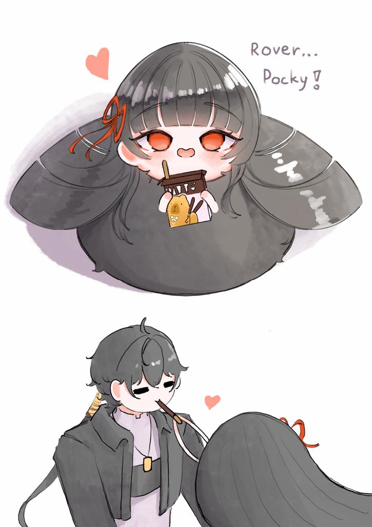1boy, animalization, black_hair, black_jacket, blush, chisa_(wuthering_waves), commentary, english_text