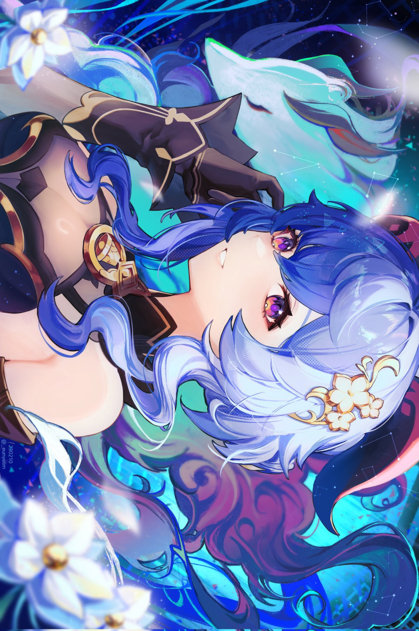 1girl, ahoge, bare_shoulders, bell, blue_hair, breasts, detached_sleeves, dress