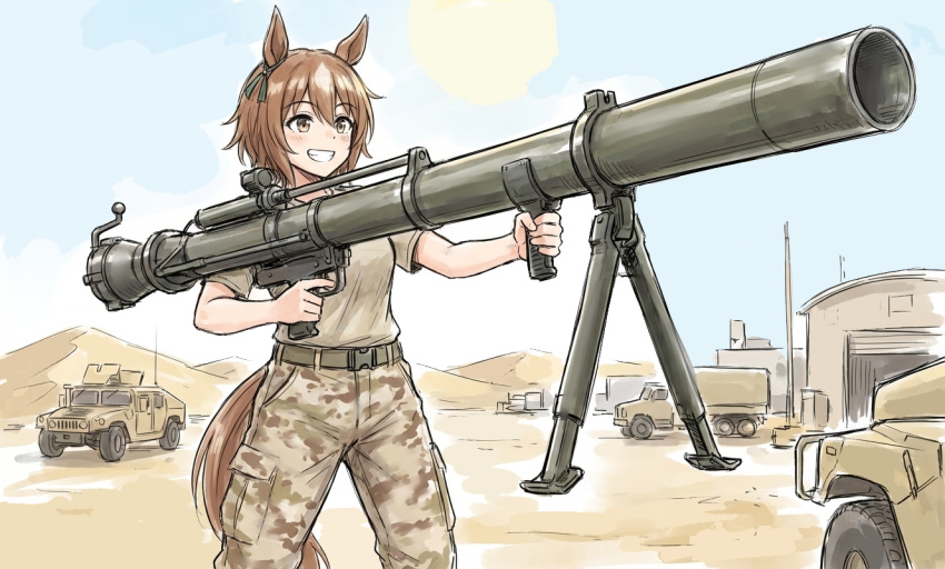 1girl, animal_ears, belt, brown_eyes, brown_hair, brown_shirt, camouflage, camouflage_pants