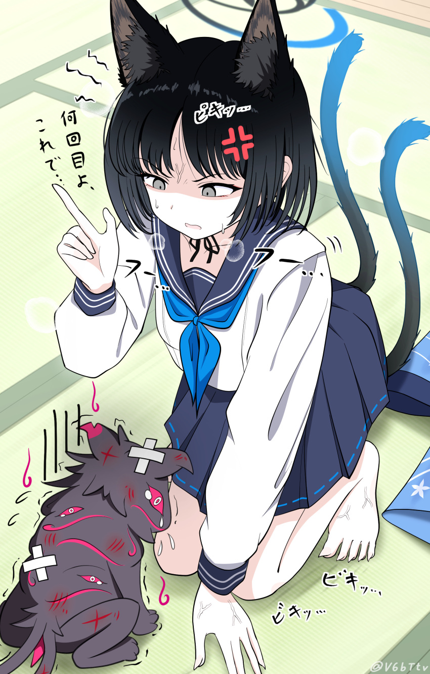 1girl, 1other, absurdres, anger_vein, animal_ear_fluff, animal_ears, arm_at_side, artist_name, bandages, barefoot, black_choker, black_eyes, black_hair, black_ribbon, black_sailor_collar, black_skirt, blue_archive, blue_flower, blue_halo, blue_haori, blue_neckerchief, blush, bob_cut, bright_pupils, bruise, cat_ears, cat_girl, choker, commentary_request, demon_dog, dog, eyes_on_body, flower, flying_sweatdrops, full_body, halo, hand_up, haori, happy, highres, injury, japanese_clothes, kneehighs, kneeling, knees_up, kurokage_(blue_archive), long_sleeves, looking_at_another, looking_down, miniskirt, multiple_tails, nail_polish, neck_ribbon, neckerchief, on_grass, outdoors, pleated_skirt, pointing, pointing_up, red_flower, ribbon, ribbon-trimmed_skirt, ribbon_trim, sailor_collar, school_uniform, scolding, serafuku, shaded_face, shirt, short_hair, sidelighting, sitting, skirt, socks, solo, speech_bubble, tail, tatami, two_tails, unworn_haori, walker-0083, white_shirt