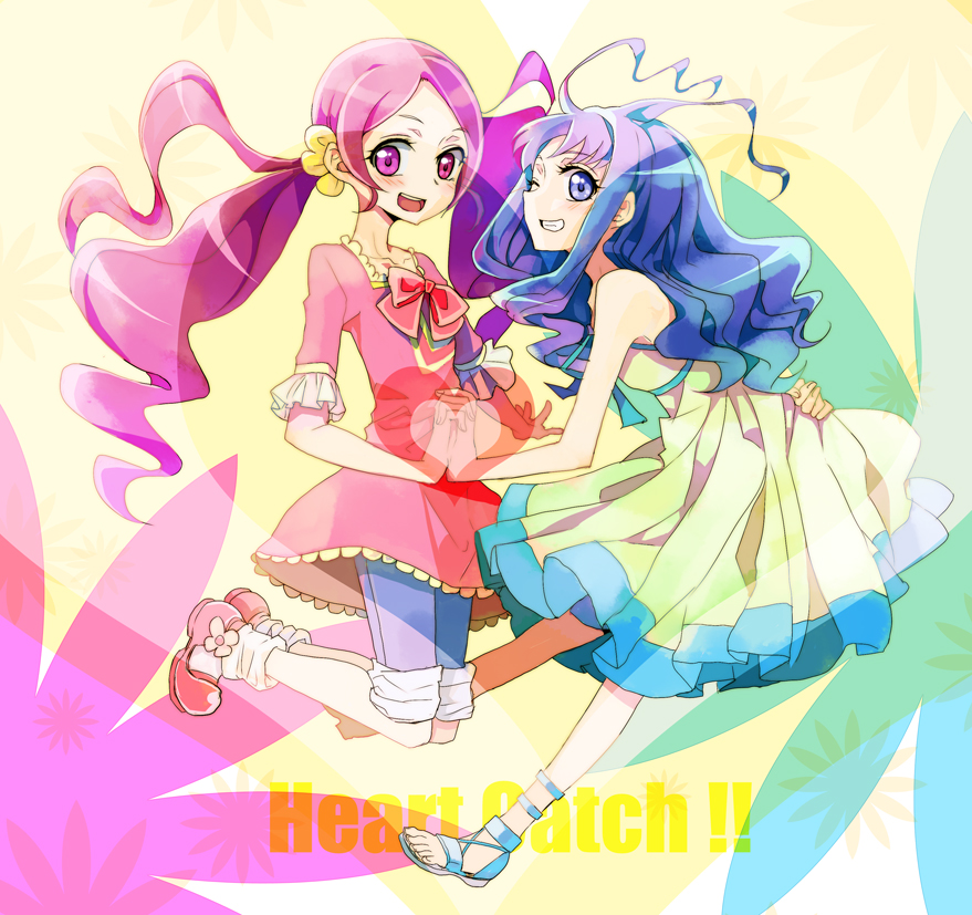 ahoge, blue_eyes, blue_hair, bow, casual, dress, footwear, grin, hanasaki_tsubomi, hand_holding, heartcatch_precure!, holding_hands, kurumi_erika, long_hair, multiple_girls, open_mouth, pink_eyes, pink_hair, precure, ribbon, sandals, shirt, shoes, shorts, smile, socks, twintails, yuxikili