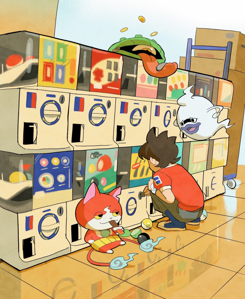 1boy, amano_keita, blue_fire, boots, brown_hair, candy, cgr9z, chocolate, chocolate_bar, fire, flame-tipped_tail, food, gashapon, ghost, grey_pants, highres, hitodama, indoors, jibanyan, mudazukai, multiple_tails, pants, red_shirt, reflective_floor, shirt, short_hair, short_sleeves, squatting, tail, tile_floor, tiles, two_tails, whisper_(youkai_watch), youkai_(youkai_watch), youkai_watch