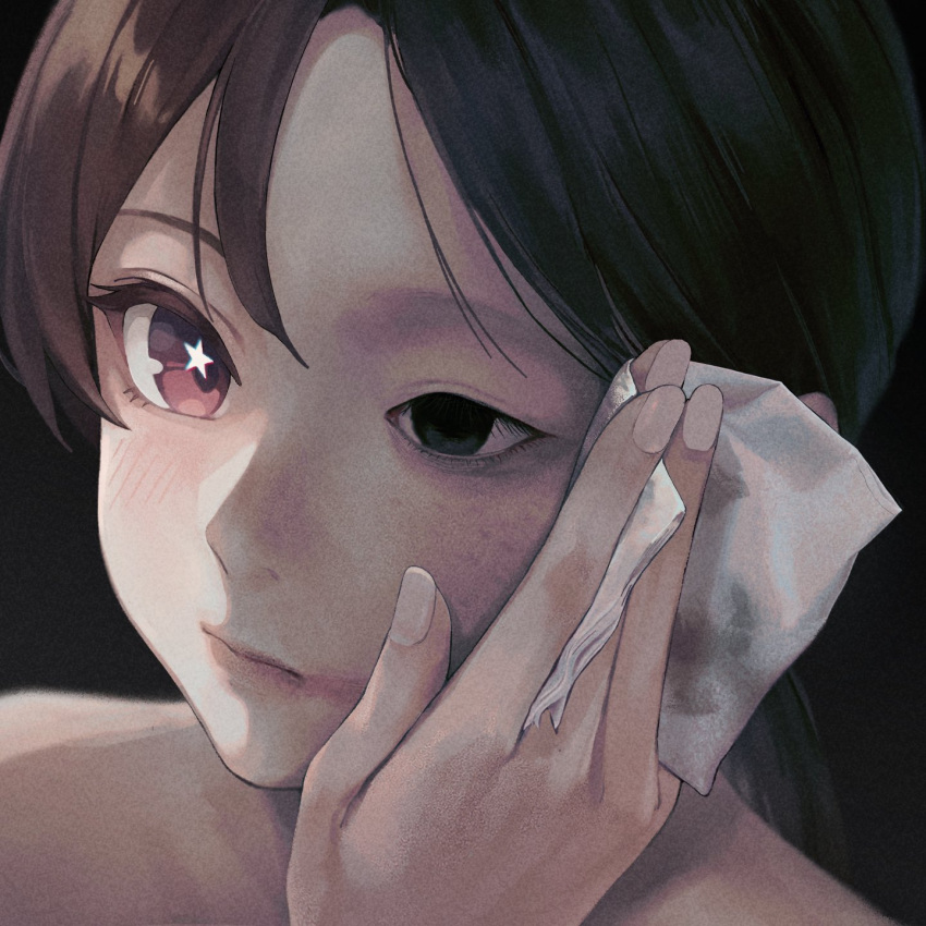 1girl, black_eyes, black_hair, blank_eyes, brown_eyes, brown_hair, closed_mouth, empty_eyes, expressionless, heterochromia, highres, holding_tissue, hollow_eyes, makeup, multicolored_hair, nail_polish, original, portrait, removing_makeup, solo, star-shaped_pupils, star_(symbol), sugai_(4ugaii), symbol-shaped_pupils, two-tone_hair