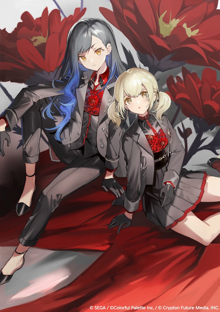 2girls, :o, arm_on_knee, arm_support, azusawa_kohane, black_gloves, black_hair, black_jacket