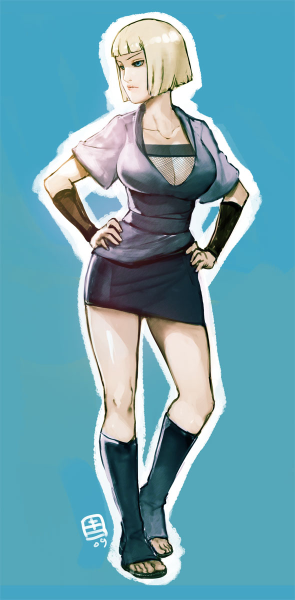 blue_eyes, bob_cut, breasts, cleavage, feet, fishnets, hands_on_hips, highres