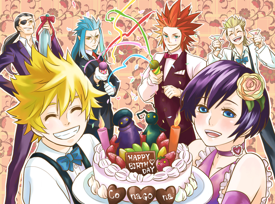 axel, black_hair, blonde_hair, blue_eyes, blue_hair, bowtie, cake, closed_eyes
