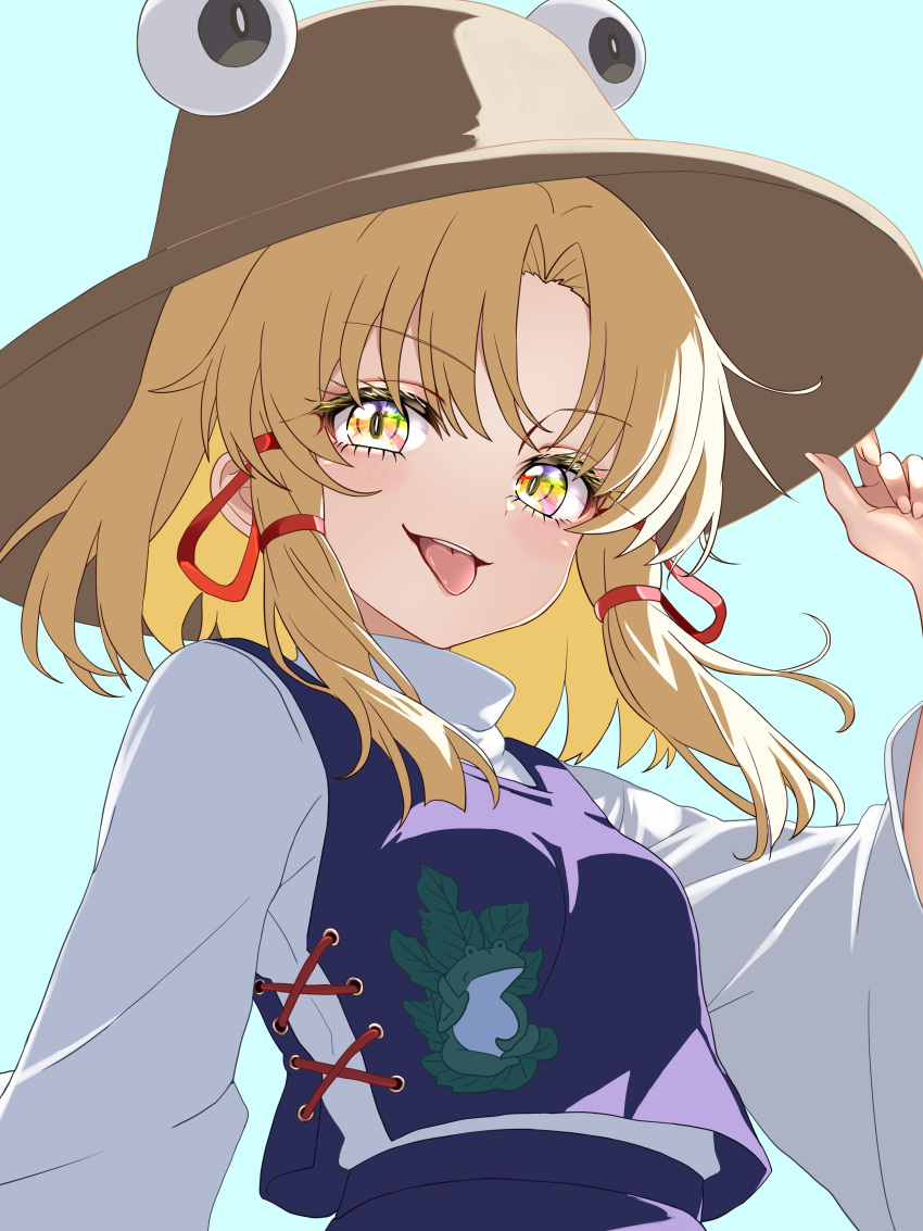 1girl, absurdres, blonde_hair, blue_background, commentary_request, eye_on_hat, floral_print_vest, hair_ribbon