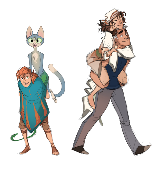 1boy, 1other, 2girls, animal_ears, beel_(greekceltic), black_shoes, blue_fur, blue_poncho, brown_hair, brown_pants, brown_sandals, carrying, carrying_person, cat_ears, cat_tail, full_body, gale_(greekceltic), greekceltic, green_shorts, grey_hair, grey_pants, jacky_(greekceltic), medium_hair, multiple_girls, open_mouth, orange_hair, orange_poncho, original, pants, poncho, sandals, shoes, short_hair, shorts, simple_background, smile, tail