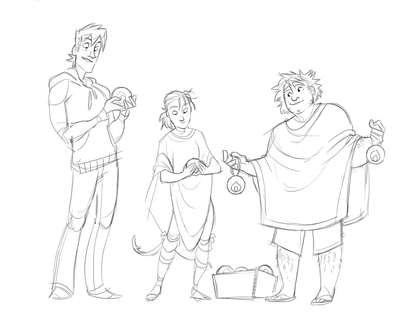 1girl, 2boys, alf_(greekceltic), box, full_body, greekceltic, herman_(greekceltic), hood, hoodie, jacky_(greekceltic), medium_hair, monochrome, multiple_boys, original, pants, poncho, ponytail, sandals, shoes, short_hair, shorts, tail
