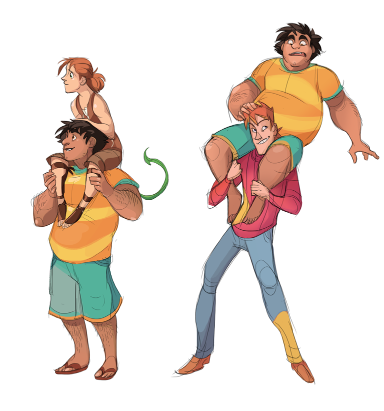 1girl, 2boys, alf_(greekceltic), aqua_shorts, black_hair, blue_pants, brown_pants, brown_sandals, brown_tank_top, carrying, dark_skin, full_body, greekceltic, grin, herman_(greekceltic), jacky_(greekceltic), medium_hair, multiple_boys, orange_hair, orange_shirt, original, pants, ponytail, red_sweater, sandals, shirt, short_hair, shorts, shoulder_carry, simple_background, smile, sweater, tail, tank_top, yellow_shirt