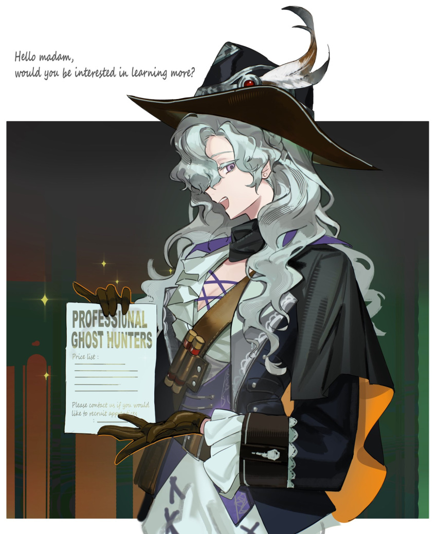 1girl, black_cape, black_coat, black_gloves, black_hat, border, cape, coat