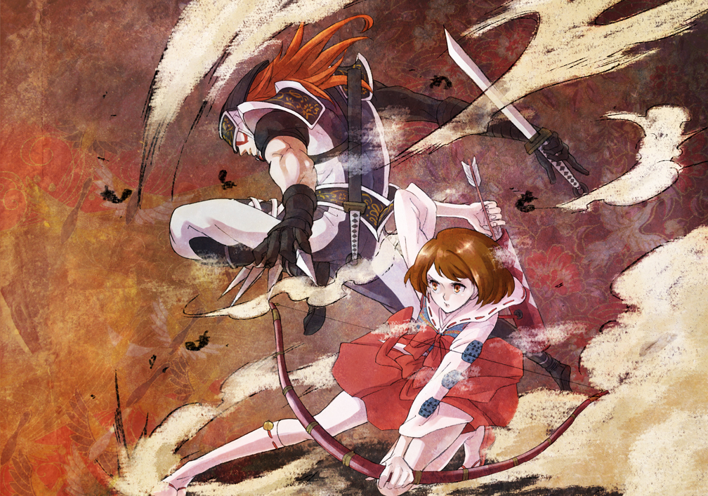 bow_(weapon), brown_eyes, brown_hair, danbo_(symbols), fuuma_kotarou, kunai, sengoku_basara, sword