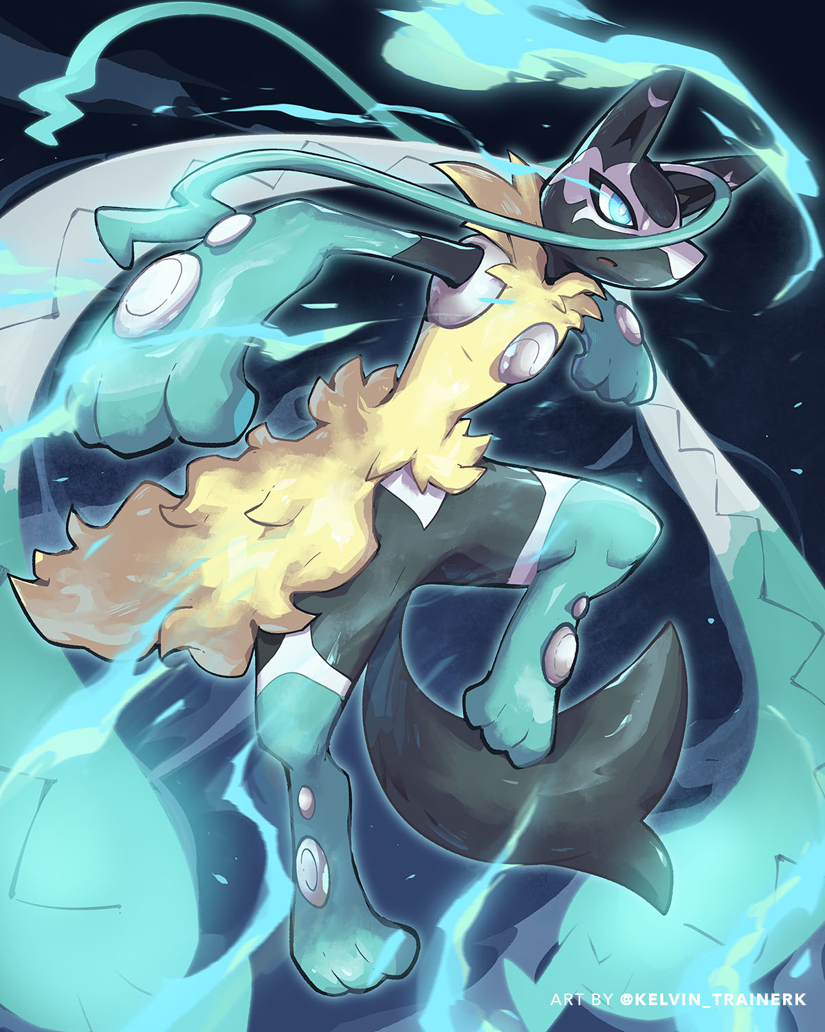 1other, animal_ears, aura, black_fur, blue_eyes, blue_fur, body_fur, furry