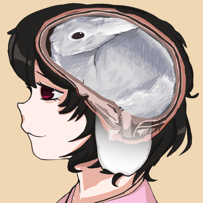 1girl, :3, black_hair, brain, close-up, commentary, cross-section, from_side, highres, inaba_tewi, looking_ahead, meme, nogguies, rabbit, red_eyes, short_hair, simple_background, skull, solo, symbol-only_commentary, touhou, upper_body, yellow_background