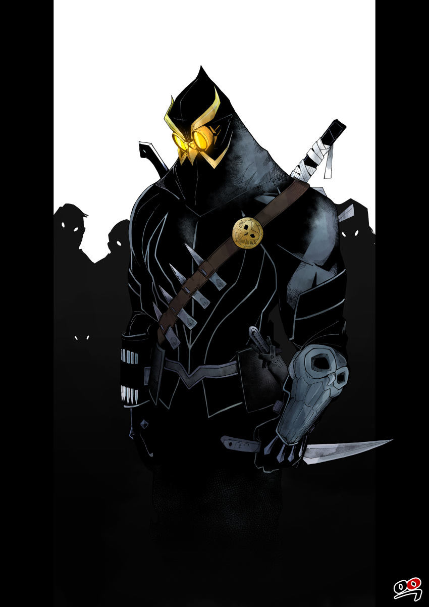 1boy, 4others, absurdres, armor, assassin, batman_(series), beak, black_armor, black_bodysuit, black_hood, bodysuit, commentary_request, dc_comics, glowing, glowing_eyes, goggles, highres, holding, holding_knife, knife, knife_sheath, male_focus, mixed-language_commentary, multilingual_commentary, multiple_others, owl_print, pillarboxed, sheath, signature, simple_background, solo_focus, talon_(dc), tinted_eyewear, upper_body, weapon, weapon_wrap, white_background, yellow-tinted_eyewear, youngno