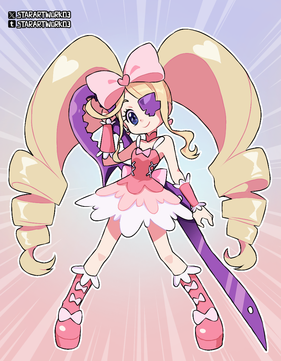 1girl, blonde_hair, blue_eyes, boots, bow, colored_eyepatch, dress, drill_hair, earrings, eyepatch, footwear_bow, frilled_wrist_cuffs, frills, hair_bow, harime_nui, heart, heart_earrings, holding, holding_weapon, hue_shifting, jewelry, kill_la_kill, lolita_fashion, long_hair, pink_boots, pink_dress, pink_wrist_cuffs, scissor_blade, scissor_blade_(kill_la_kill), smile, starartwork03, twin_drills, twintails, weapon, wrist_cuffs