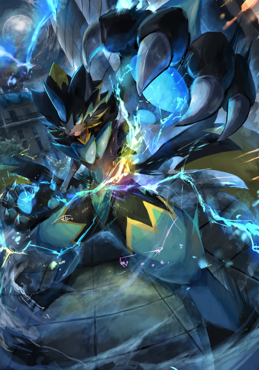 1other, absurdres, black_fur, blue_eyes, blue_fur, body_fur, claws, ekaki_panda, electricity, fangs, full_moon, furry, highres, horns, looking_at_viewer, mega_pokemon, mega_zeraora, moon, multicolored_fur, open_mouth, pokemon, pokemon_(creature), pokemon_focus, pokemon_legends:_z-a, single_horn, spikes, two-tone_fur, zeraora