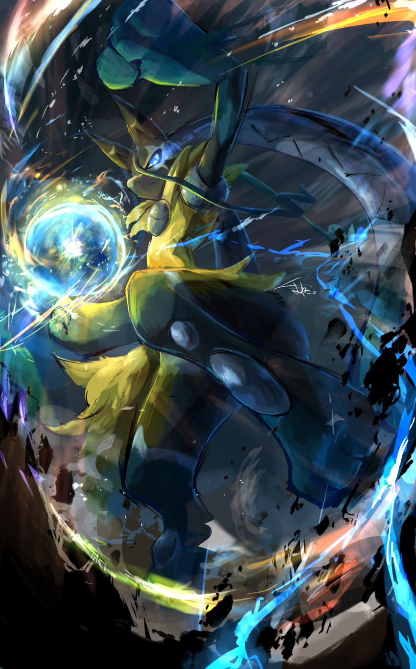 1other, animal_ears, aura, aura_sphere_(pokemon), black_fur, blue_eyes, blue_fur, body_fur, ekaki_panda, eye_trail, furry, highres, light_trail, lucario, mega_lucario_z, mega_pokemon, multicolored_fur, pokemon, pokemon_(creature), pokemon_focus, pokemon_legends:_z-a, solo, tail, yellow_fur