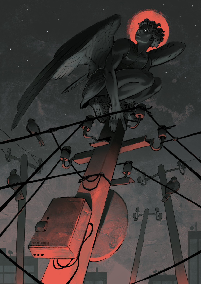 1boy, artmigraine, bird, black_wings, colored_skin, commentary, curly_hair, english_commentary, feathered_wings, from_below, full_body, gargoyle, grey_skin, highres, male_focus, moon, moon_behind_head, night, original, perching, power_lines, red_moon, short_hair, sky, solo, squatting, star_(sky), starry_sky, tunic, utility_pole, wings
