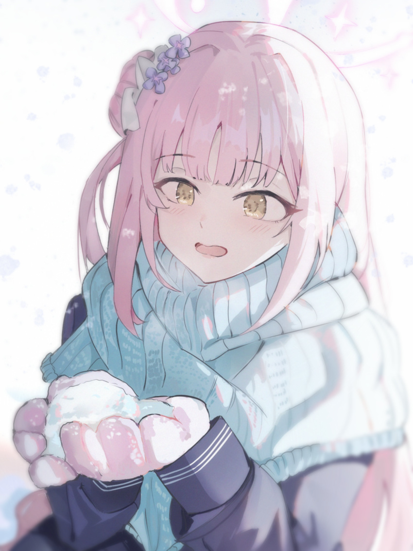 1girl, alternate_costume, blue_archive, blue_jacket, blue_scarf, blue_shirt, edison_(mvpg8237), flower