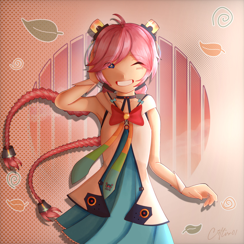 1girl, absurdres, arm_cuffs, blue_eyes, braid, c4tlvr01, clouds, falling_leaves