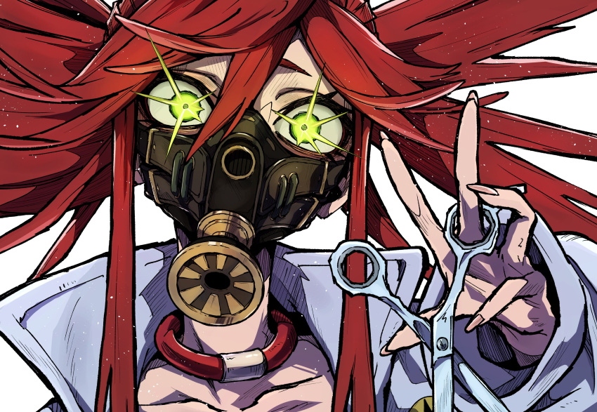 1girl, absurdres, choker, commentary, flipped_bangs, gachiakuta, glowing, glowing_eyes, green_eyes, grey_jacket, hair_between_eyes, highres, jacket, looking_at_viewer, mask, open_clothes, open_jacket, red_choker, red_hair, respirator, riyo_reaper, scissors, sidelocks, simple_background, solo, teru_(asa_hi_t), upper_body, very_long_fingernails, white_background