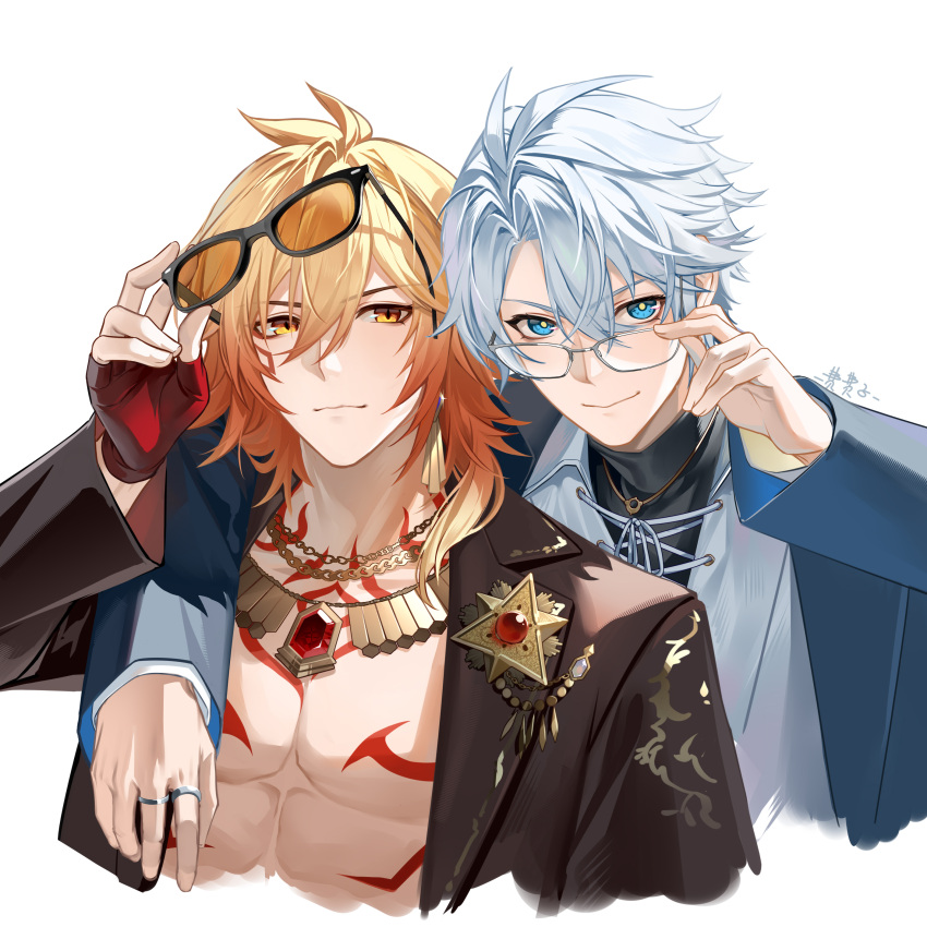 2boys, absurdres, antenna_hair, arm_around_shoulder, black_choker, black_shirt, blonde_hair, blue_coat