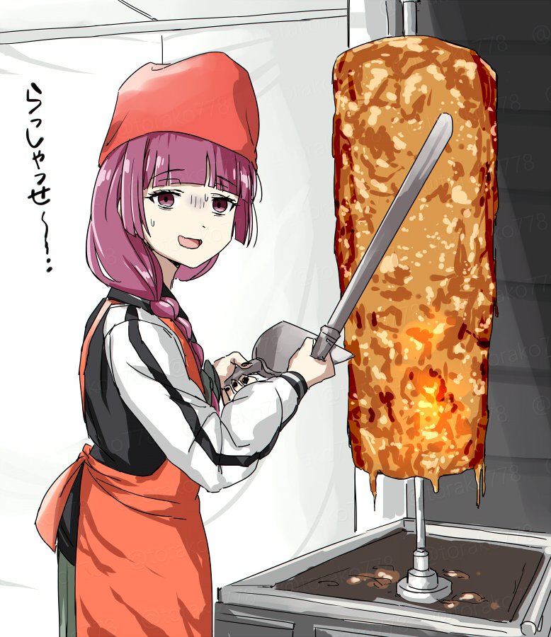 1girl, apron, bags_under_eyes, bocchi_the_rock!, doner_kebab, empty_eyes, hat, hiroi_kikuri