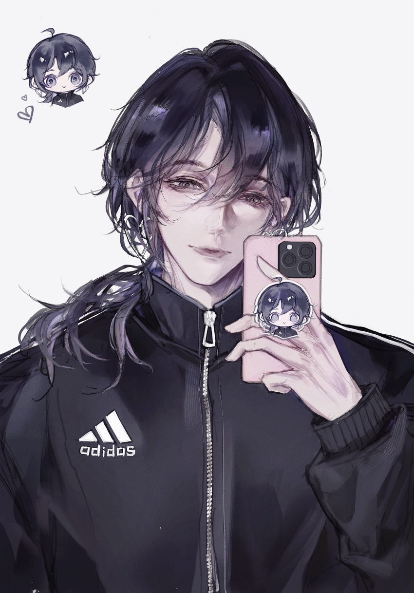 1girl, absurdres, adidas, black_hair, black_jacket, cellphone, chibi, chinese_commentary
