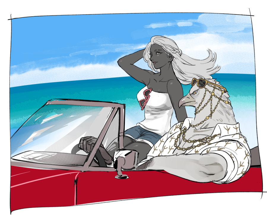 1boy, 1girl, animal_head, arm_up, beak, bird_boy, black_skin, blue_shorts