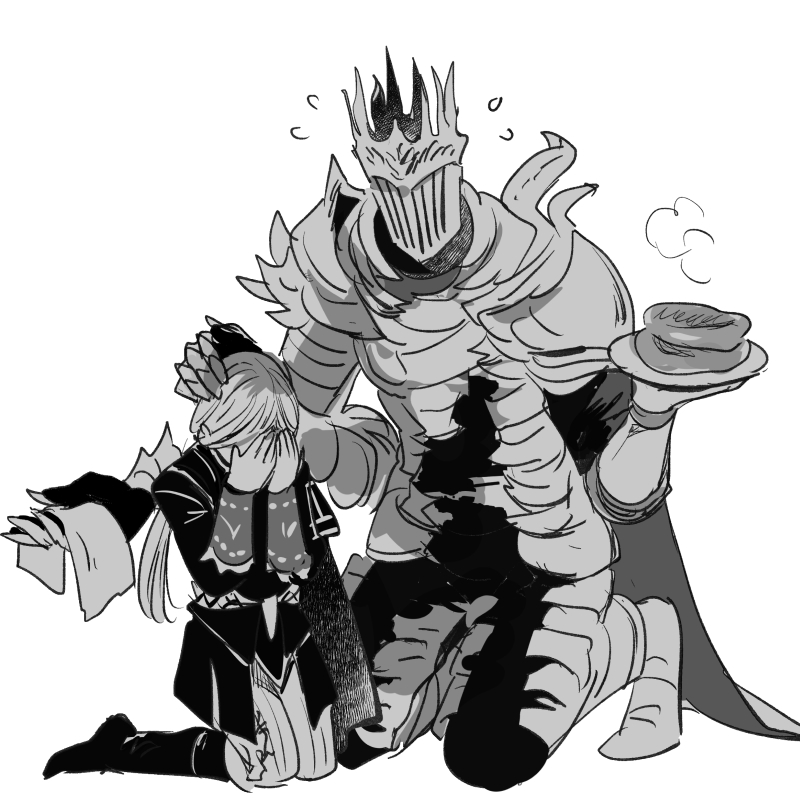 1boy, 1girl, armor, boots, covering_face, duchess_(elden_ring), elden_ring, elden_ring_nightreign, extra_arms, full_body, greyscale, hands_up, headpat, helmet, heolstor_the_nightlord, holding, holding_cloth, holding_plate, jacket, kneeling, leg_armor, long_hair, monochrome, pants, pauldrons, plate, rokko_nr315, shoulder_armor, simple_background, spiked_helmet