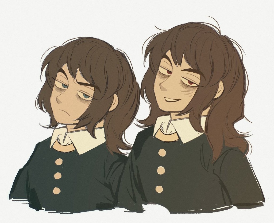 1boy, abaddon_(haunted_hotel), bags_under_eyes, blue_eyes, brown_hair, coat, cropped_torso, english_commentary