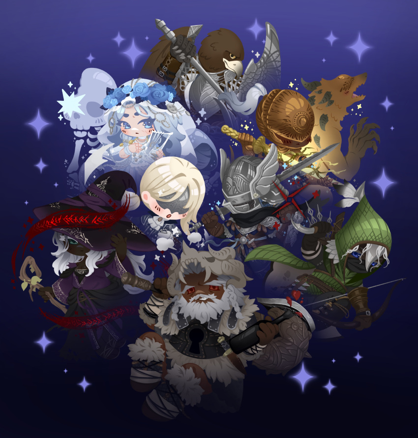 3girls, 5boys, absurdres, animal_head, armor, axe, beard, bird_boy, black_dress, black_gloves, black_hat, black_pants, black_scarf, blonde_hair, blue_background, blue_eyes, bow_(weapon), braid, breastplate, constance_(angeliccarousel), covered_eyes, dark-skinned_female, dark-skinned_male, dark_skin, doll_joints, dress, duchess_(elden_ring), elden_ring, elden_ring_nightreign, executor_(elden_ring), eye_mask, facial_hair, flower_wreath, gloves, green_hood, green_jacket, grin, guardian_(elden_ring), hat, helmet, highres, holding, holding_axe, holding_bow_(weapon), holding_instrument, holding_knife, holding_lyre, holding_staff, holding_sword, holding_weapon, instrument, ironeye_(elden_ring), jacket, joints, katana, knife, long_hair, low_twin_braids, lyre, mask, multiple_boys, multiple_girls, open_mouth, pants, pauldrons, recluse_(elden_ring), red_eyes, revenant_(elden_ring), robe, scarf, shoulder_armor, skeleton, smile, staff, sword, teeth, twin_braids, veil, weapon, white_hair, white_robe, wide_sleeves, winged_helmet, wings, witch, wylder_(elden_ring)