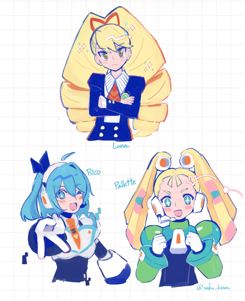 3girls, absurdres, artist_name, blonde_hair, blue_eyes, blue_hair, blush, bow