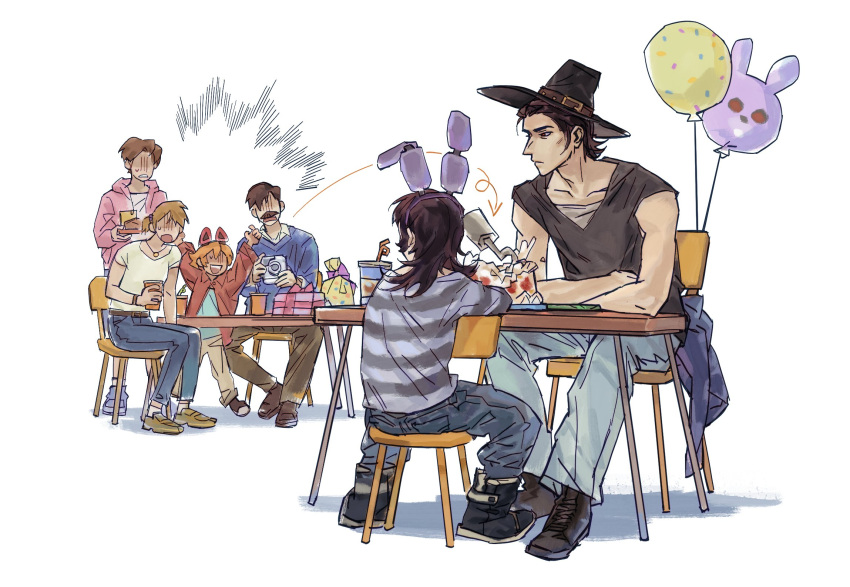 abaddon_(haunted_hotel), animal_ears, balloon, ben_freeling, birthday_party, bonnie_(fnaf), bonnie_(fnaf)_(cosplay), boots