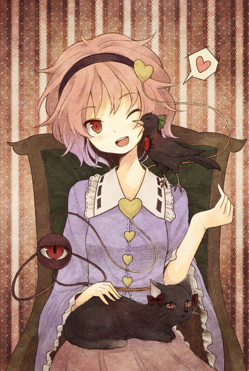 :d, bird_on_shoulder, bow, cat, cat_on_lap, chair, crow, eyeball