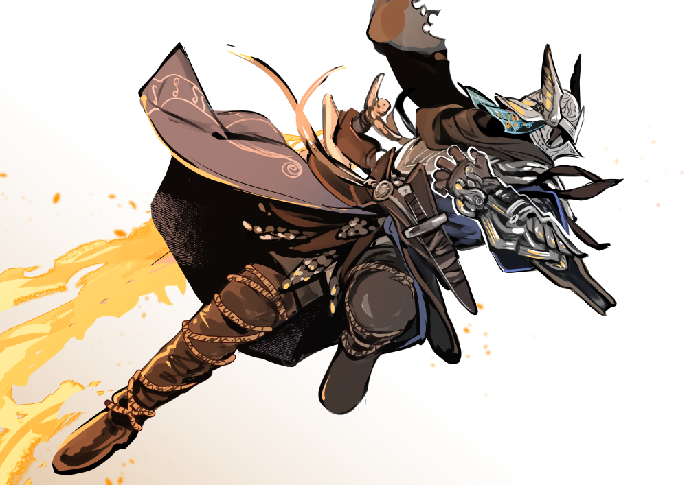 1boy, arm_mounted_weapon, armor, black_boots, black_gloves, black_scarf, blue_tunic, boots, breastplate, elden_ring, elden_ring_nightreign, fighting_stance, fire, flaming_weapon, full_body, gloves, helmet, holding, holding_sword, holding_weapon, rokko_nr315, scarf, sheath, sheathed, short_sword, solo, sword, tunic, weapon, white_background, winged_helmet, wylder_(elden_ring)