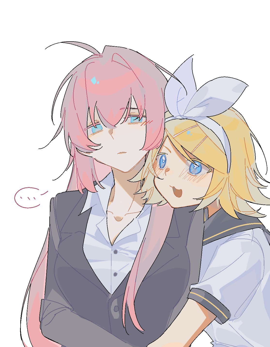 ..., 2girls, :3, blonde_hair, blue_eyes, blush, bow, expressionless, hair_bow, hello_worker_(vocaloid), highres, jacket, kagamine_rin, long_hair, megurine_luka, multiple_girls, office_lady, pink_hair, shirt, short_hair, suit_jacket, vocaloid, white_shirt, yin_ge87739