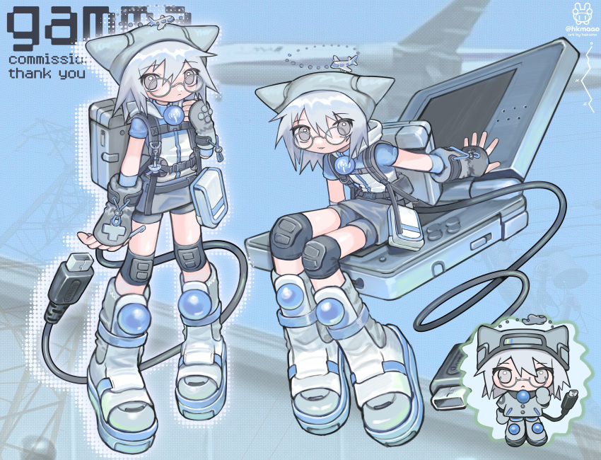 1girl, absurdres, aircraft, airplane, backpack, bag, blue_background, boots, borrowed_character, cable, cable_tail, chibi, commission, commissioner_upload, fingerless_gloves, glasses, gloves, grey_eyes, grey_shorts, grey_skirt, haka-baka, handheld_game_console, hat, highres, holding, holding_stylus, hood, hood_down, knee_boots, knee_pads, looking_at_viewer, mechanical_tail, medium_hair, multiple_views, nintendo_ds, non-web_source, original, photo_background, round_eyewear, satchel, shorts, skeb_commission, skirt, smile, stylus, tail, turtleneck, twitter_username, white_boots, white_hair