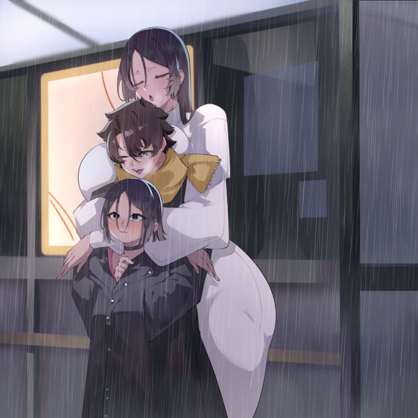 1boy, 2girls, absurdres, black_hair, breasts, fate/grand_order, fate_(series), fujimaru_ritsuka_(male), highres, huge_breasts, long_hair, minamoto_no_raikou_(fate), multiple_girls, non-web_source, slob_slime, ushi_gozen_(fate), very_long_hair