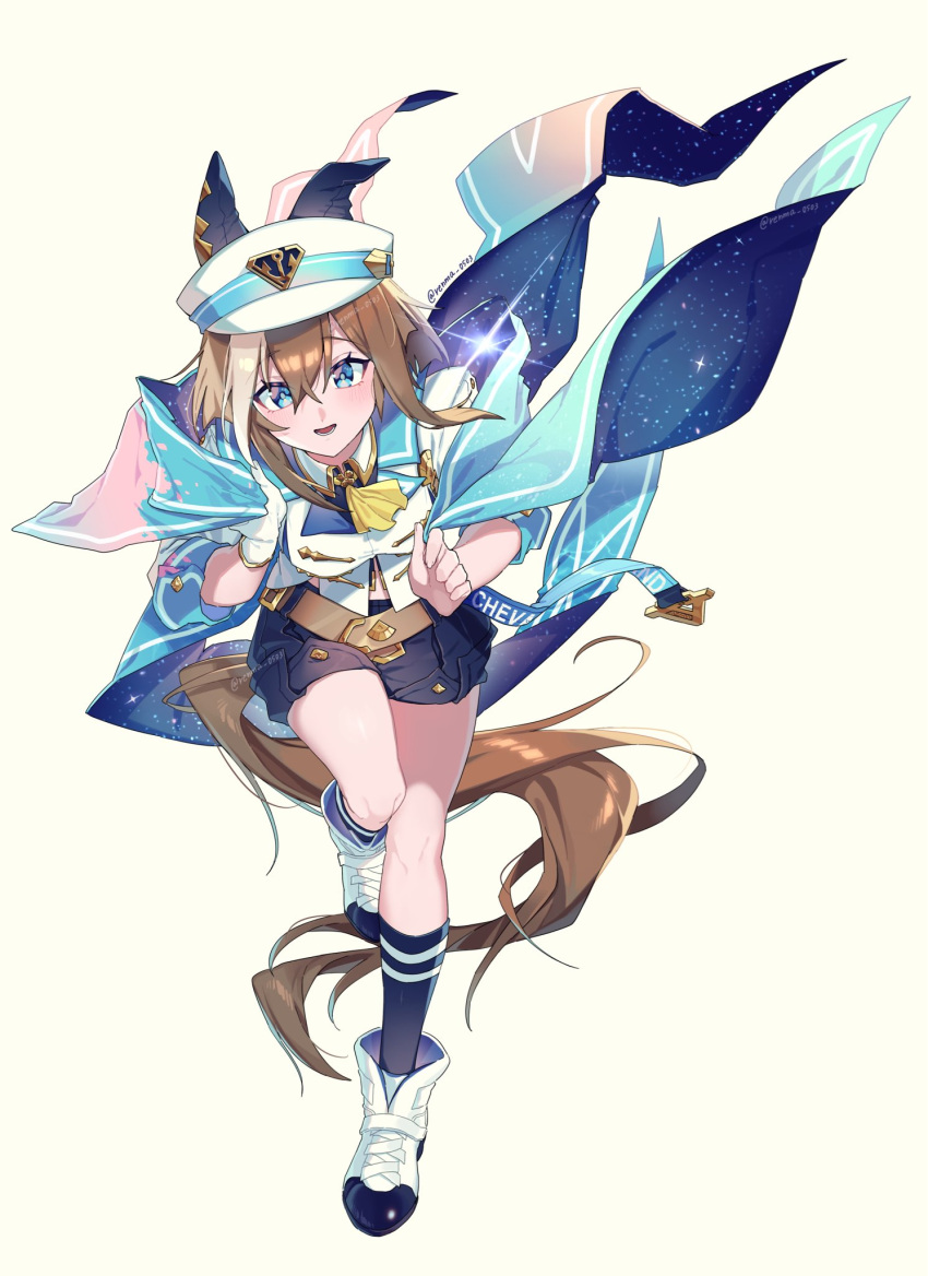 1girl, animal_ears, blue_eyes, blush, breasts, brown_hair, cheval_grand_(grand_itineraire)_(umamusume), cheval_grand_(umamusume)