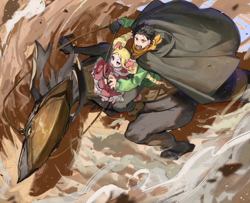 100shou, 1boy, 1girl, beatrice_(re:zero), black_cloak, black_hair, blonde_hair, blue_eyes