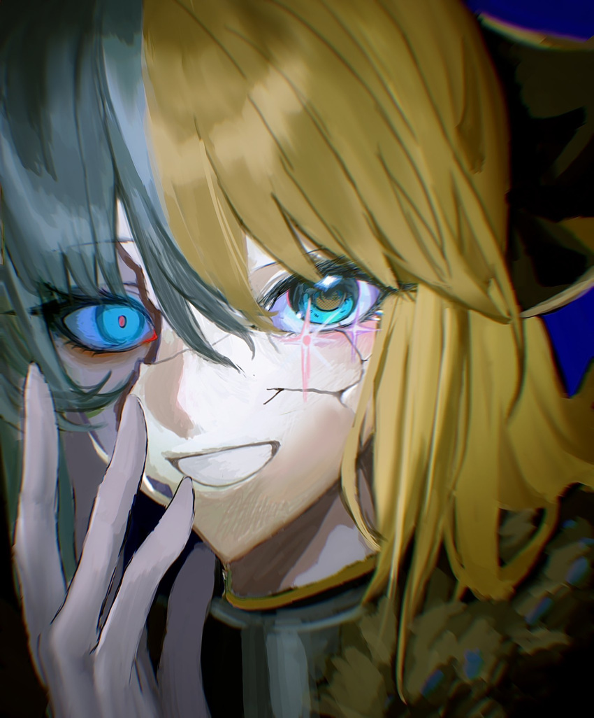 1girl, aesc_(fate), blonde_hair, blue_eyes, blue_hair, bow, commentary, cracked_kawaii_mask
