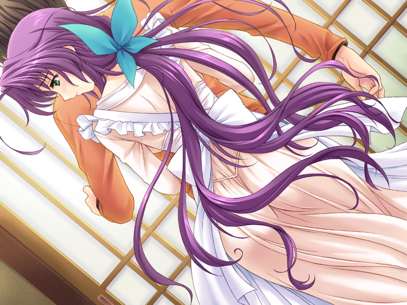1boy, 1girl, ahoge, aoi_sakura_(tsuma_shibori), apron, dress, dutch_angle, floating_hair