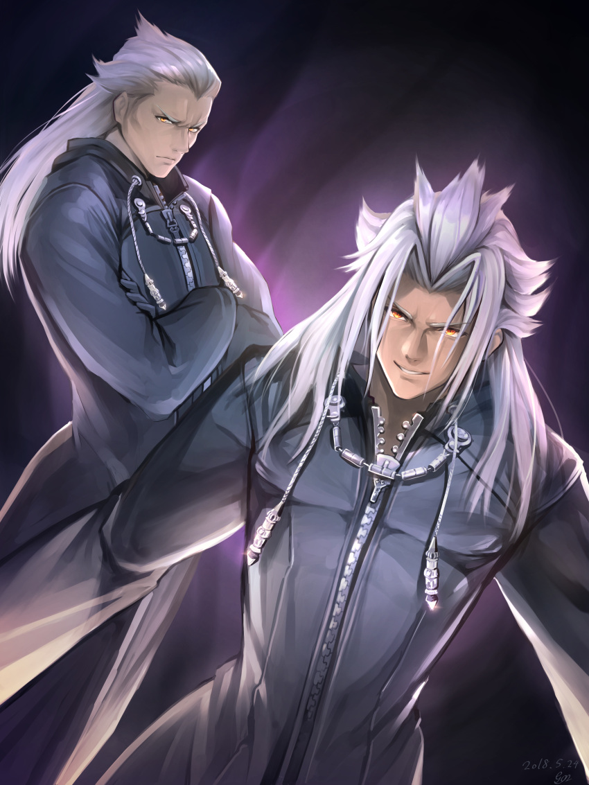 2boys, absurdres, ansem_seeker_of_darkness, black_coat_(kingdom_hearts), commentary_request, crossed_arms, dark-skinned_male, dark_skin