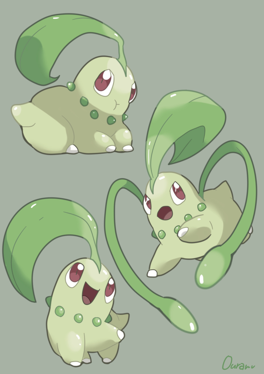 :d, absurdres, artist_name, chikorita, grey_background, highres, lying, multiple_views