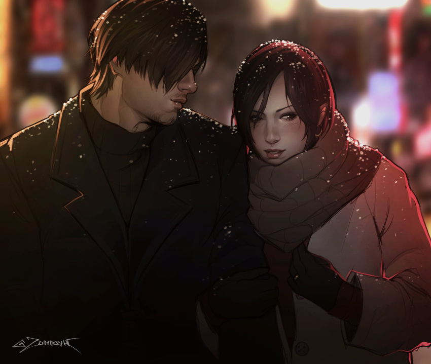 1boy, 1girl, ada_wong, black_coat, black_gloves, black_hair, blurry, blurry_background, brown_hair, brown_scarf, coat, couple, earrings, gloves, grey_coat, hair_over_one_eye, hetero, highres, hoop_earrings, jewelry, leon_s._kennedy, outdoors, parted_bangs, parted_lips, resident_evil, scarf, short_hair, snow, twitter_username, winter_clothes, winter_coat, zombiyh