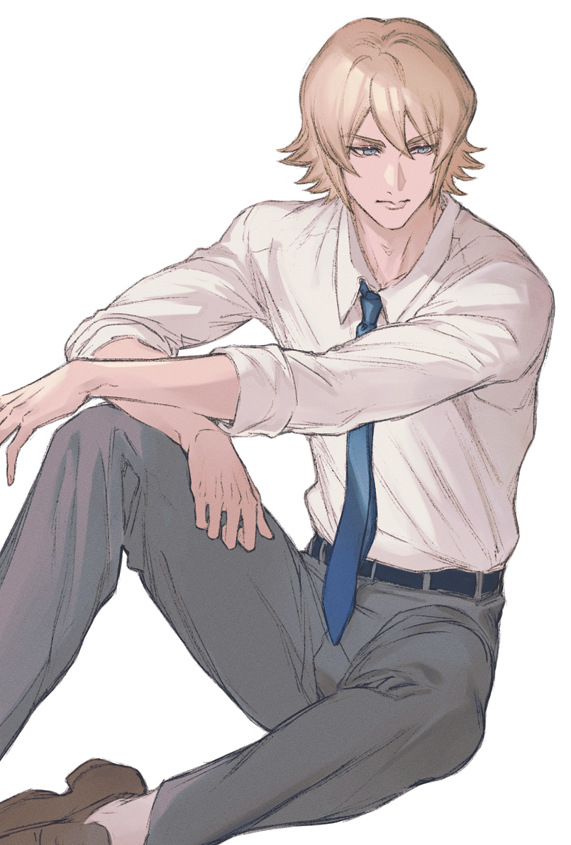 1boy, ace_of_diamond, arm_on_knee, belt, black_belt, blonde_hair, blue_eyes, blue_necktie