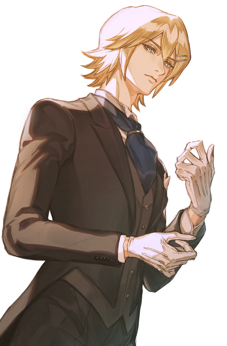 1boy, ace_of_diamond, ascot, black_pants, blonde_hair, blue_ascot, blue_eyes, buttons
