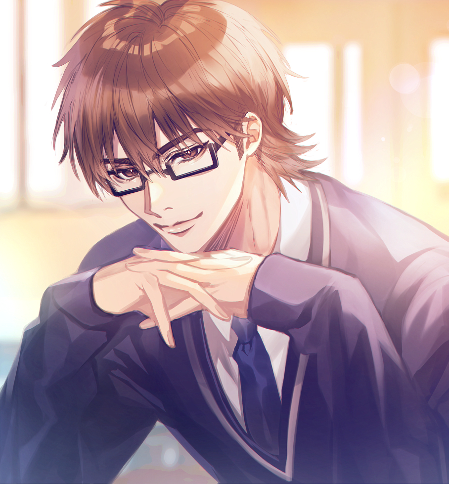 1boy, ace_of_diamond, black-framed_eyewear, blue_necktie, brown_eyes, brown_hair, cardigan, closed_mouth